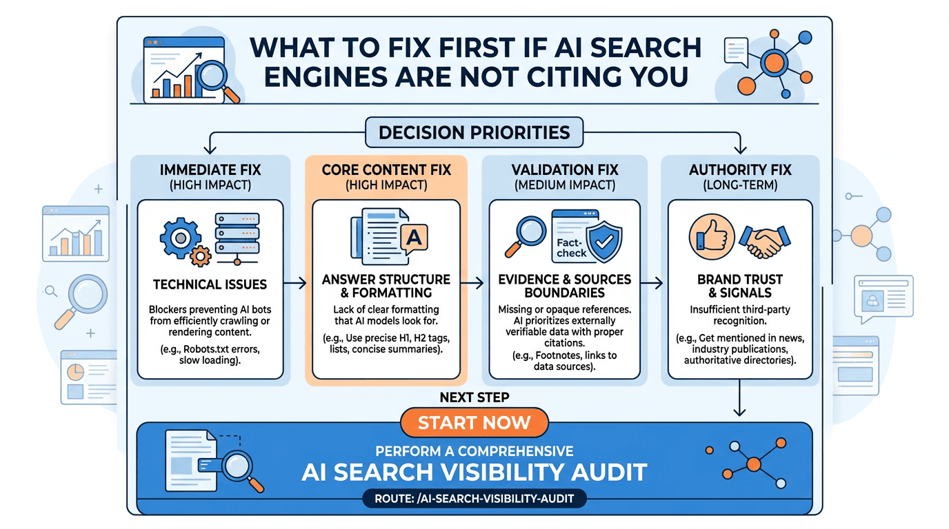 local service business owner reviewing Audit and prioritization for What should I fix first if AI search engines are not citing my website?