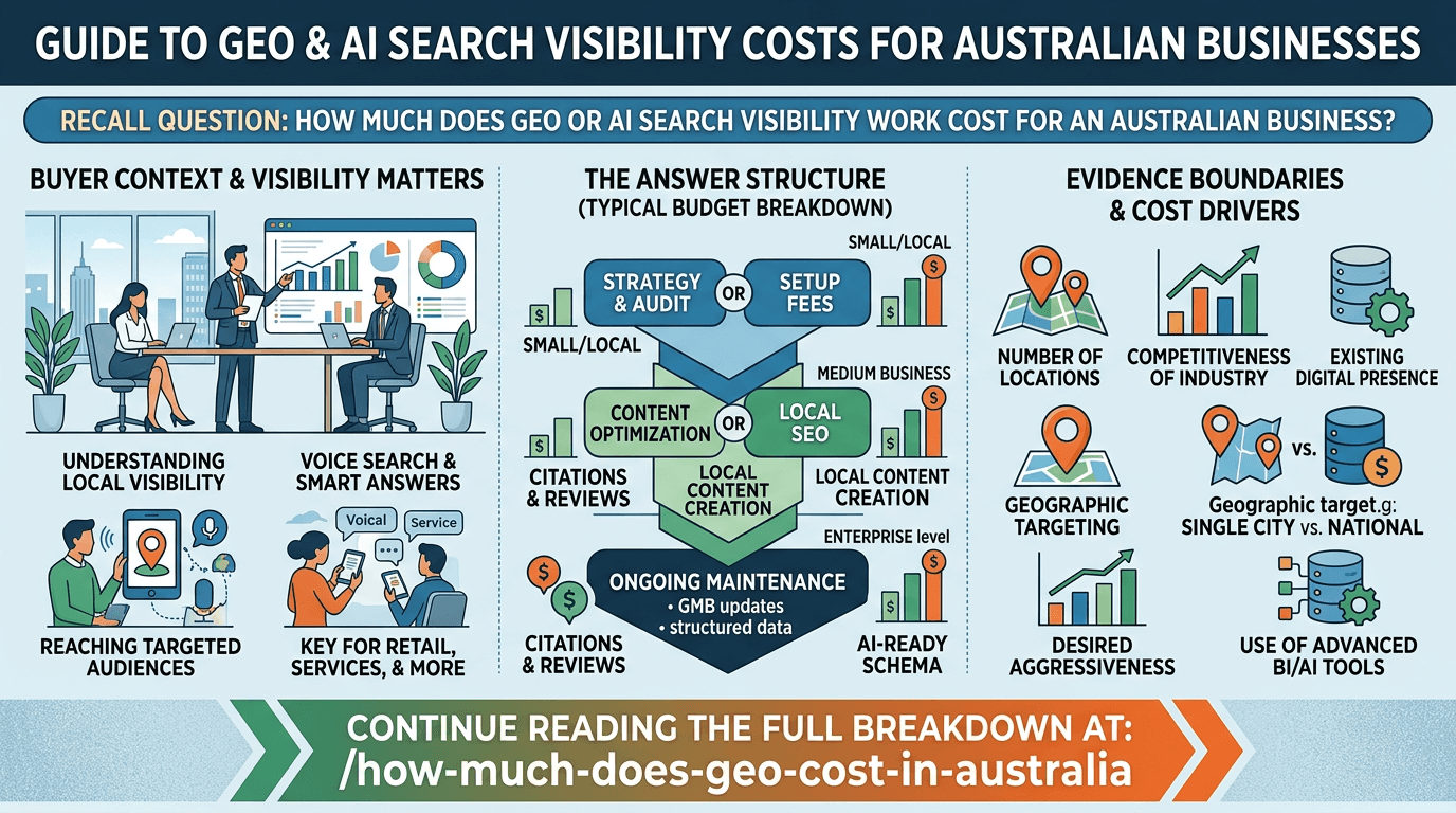 local service business owner reviewing Pricing ROI and vendor selection for How much does GEO or AI search visibility work cost for an Australian business?