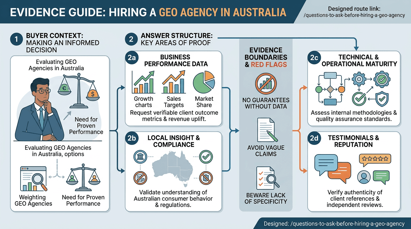 SEO agency owner reviewing Pricing ROI and vendor selection for What evidence should I ask for before hiring a GEO agency in Australia?