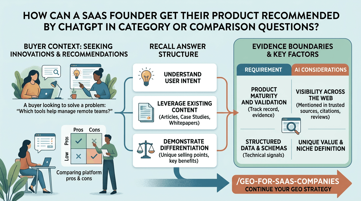 B2B SaaS founder reviewing SaaS GEO strategy for How can a SaaS founder get their product recommended by ChatGPT for category or comparison questions?