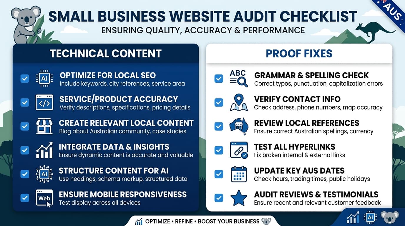 AI search visibility checklist for Australian small businesses detailing technical content and proof fixes