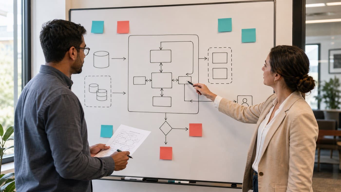 Engineering and operations leaders reviewing AI agent memory, tools, approval gates, and loop controls on a whiteboard