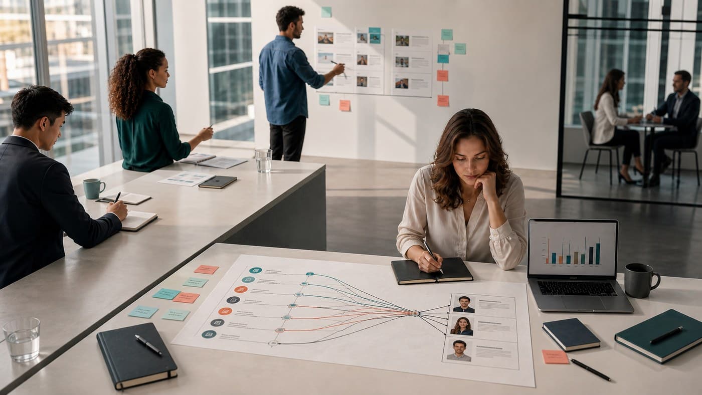 Marketing team mapping customer questions, evidence, content routes, and measurement steps in a real office