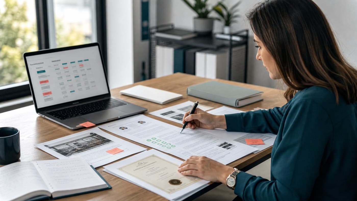 Marketing analyst checking reviews, certificates, service pages, and public sources for consistent brand evidence