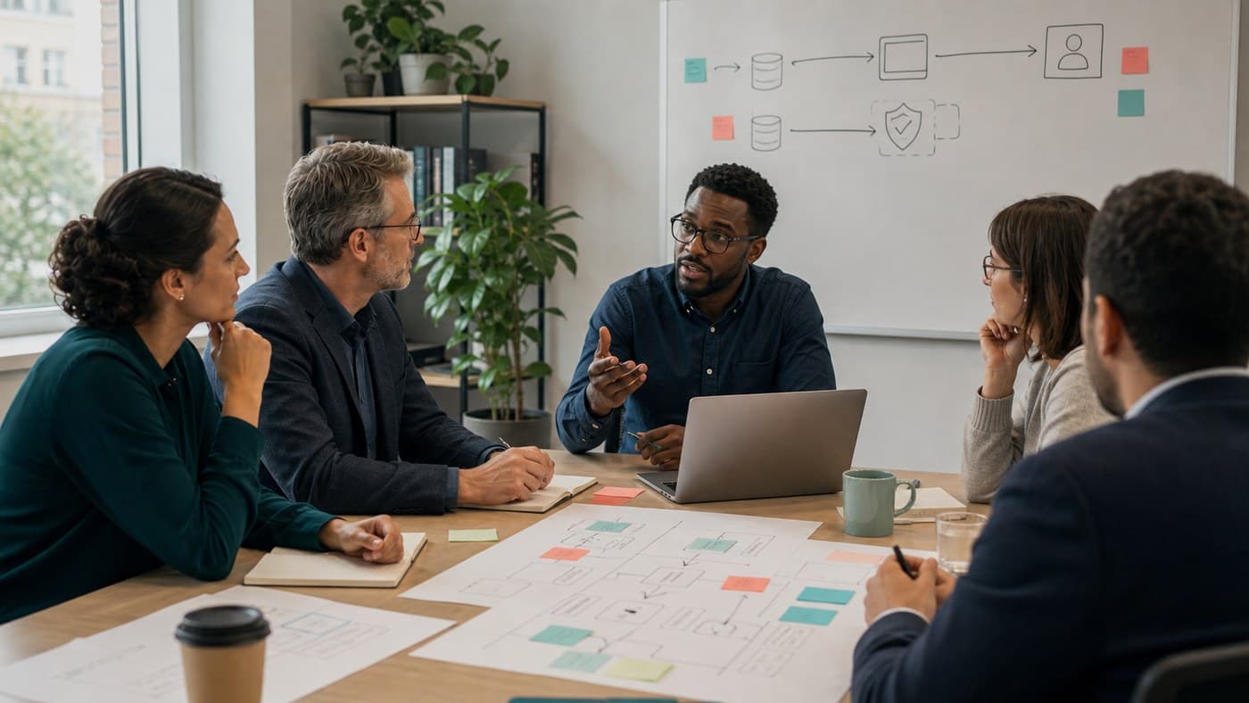 Business and engineering team reviewing an AI agent workflow before deciding whether to build
