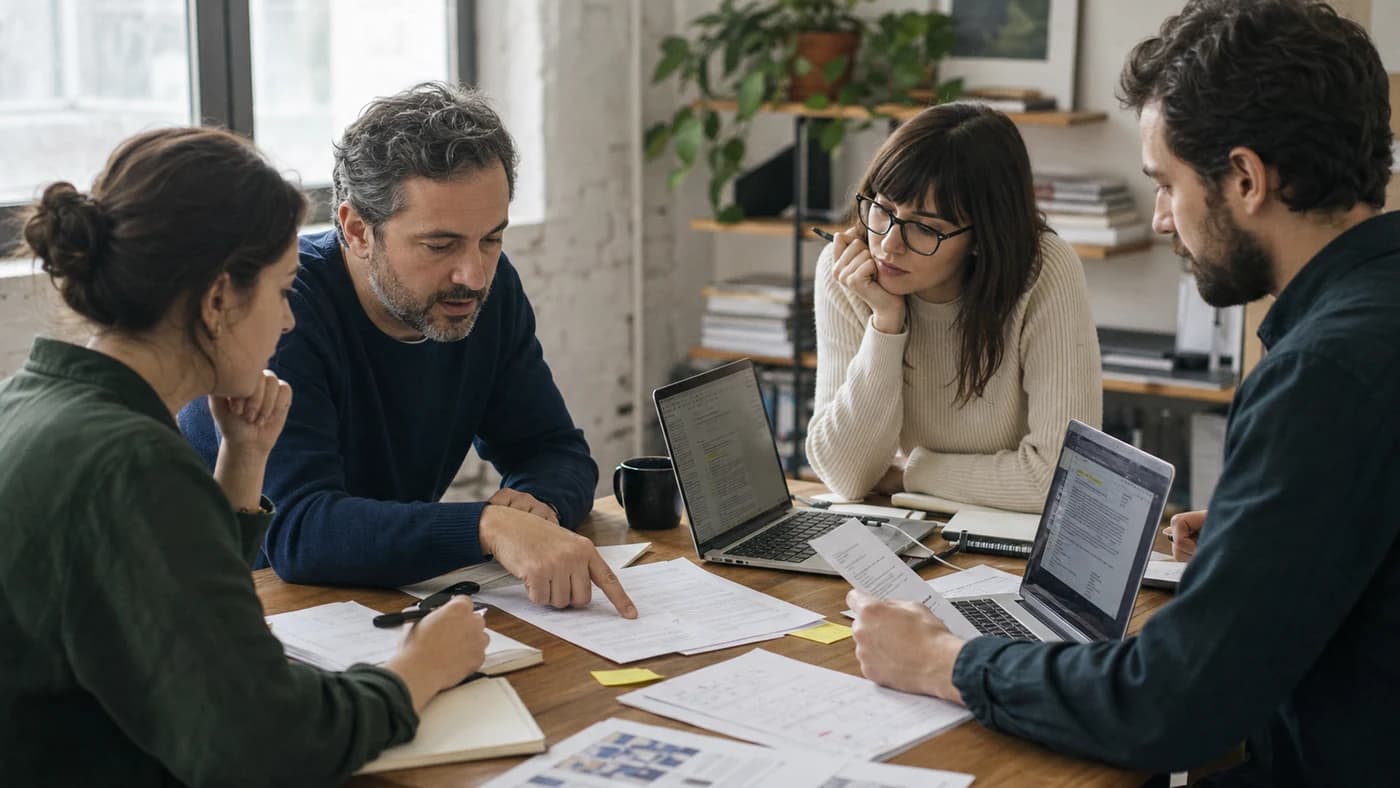 SEO editors reviewing an AI-assisted draft against source documents and revision notes